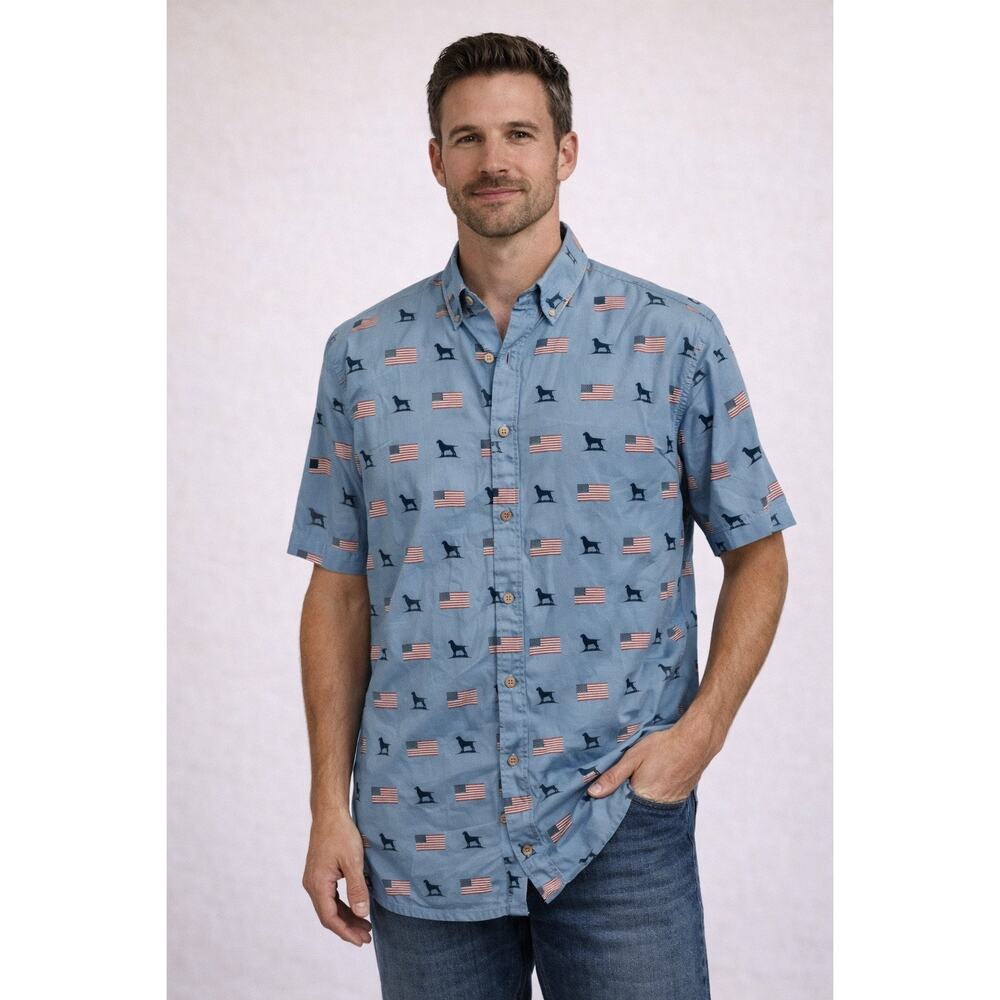 Over Under Blue‎ American Flag Dog Coral Harbor Short Sleeve Shirt Mens Medium